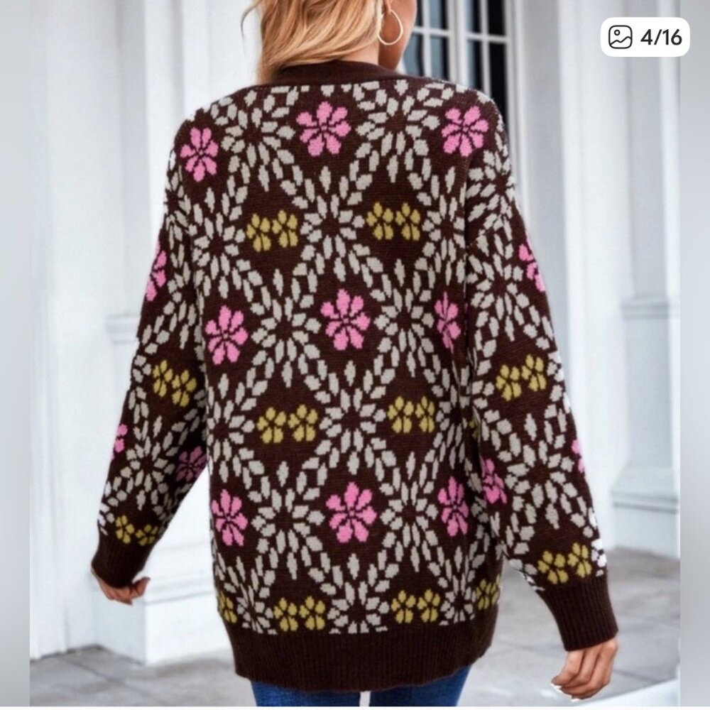 ZARA Oversized Chunky Floral Knit Cardigan Sweater Brown Pink Yellow Size M - Picture 2 of 16